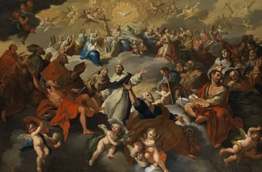 Heiligenversammlung im Paradies mit Apotheose des hl. Dominikus und Franziskus